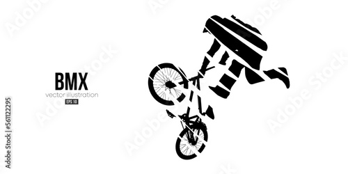 Abstract silhouette of a bmx rider, man is doing a trick, isolated on white background. Cycling sport transport. Vector illustration