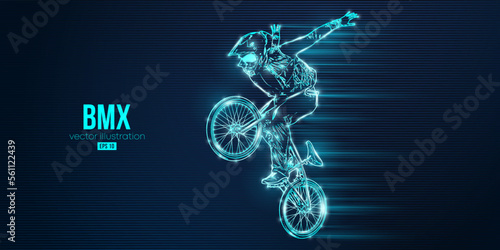 Abstract silhouette of a bmx rider, man is doing a trick, isolated on blue background. Cycling sport transport. Vector illustration