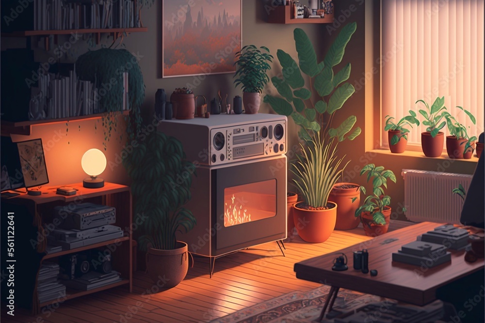 realistic LoFi cartoon anime living room scene with a TV set bookshelf  sofa  plants vector illustration generative ai Stock Illustration   Adobe Stock