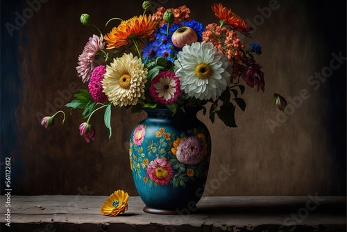  a blue vase filled with lots of colorful flowers on a table next to a yellow flower buddle on a wooden table top with a brown background behind it and a brown wall behind it. photo