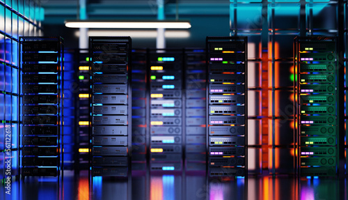 Blurred background of server room, Data center with rack servers and supercomputers. Neon lights and beautiful reflections of computer lights. 3D rendering illustration 