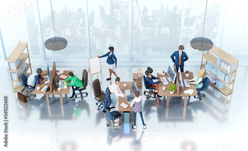 Business people are working in big modern office. Open space interior  successful business team. Isometric projection. 3D rendering illustration