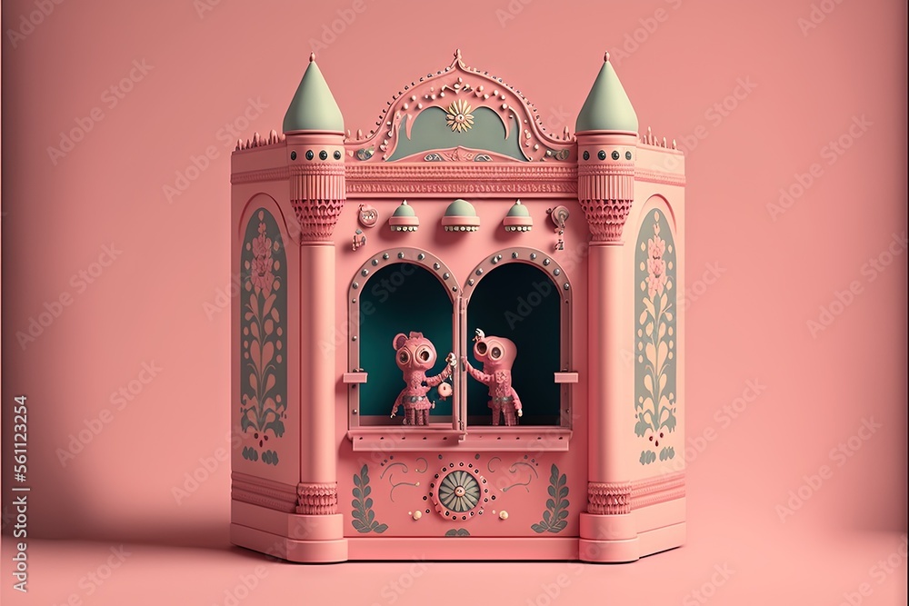 a pink and green clock tower with two people inside of it on a pink