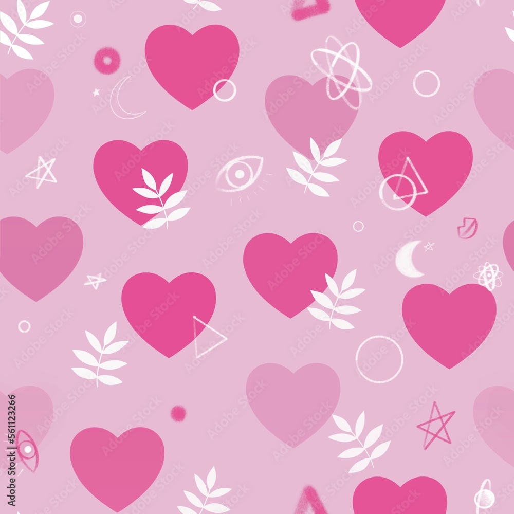 Valentines day hand drawn elements seamless pattern. Sketched doodle elements hearts symbols, scrapbook, cards, posters, wedding invitation.