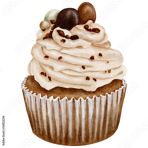 Watercolor chocolate cupcake with with chocolate chips and candies. Transparent background Png