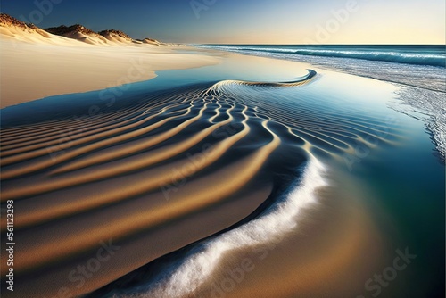  a beach with a wave coming in to the sand and a mountain in the distance with a blue sky and water in the foreground, and a sand dune line in the foreground.