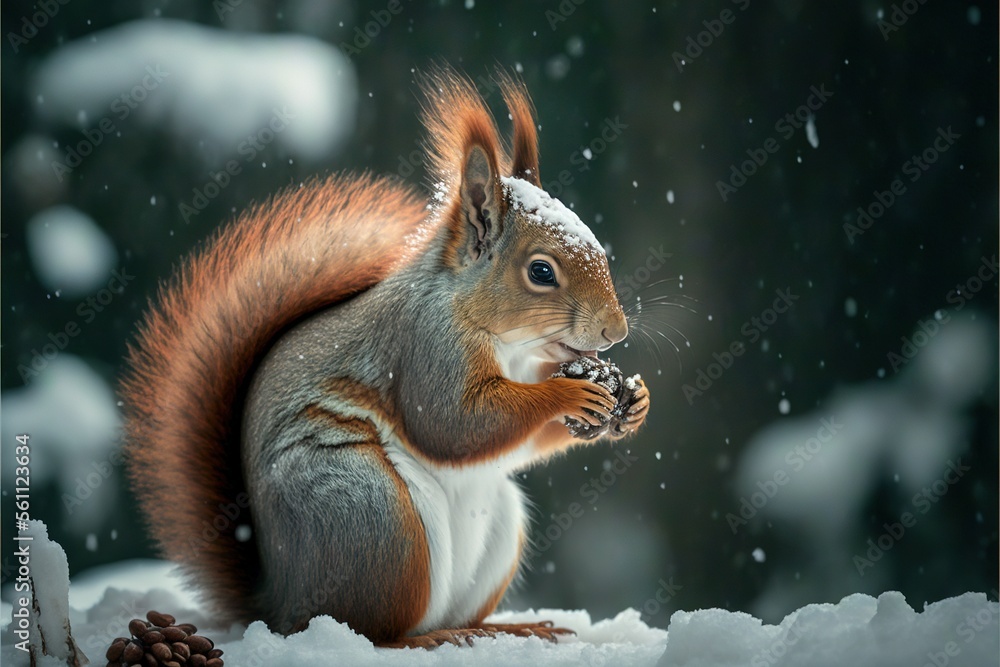 a squirrel eating a nut in the snow with a pine cone in its mouth and a pine cone in its mouth, with snow falling on the ground and trees in the background, and. a squirrel eating a nut in the snow with a pine cone in its mouth and a pine cone in its mouth, with snow falling on the ground and trees in the background, and.