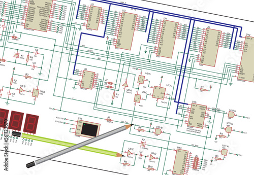 Schematic background.
Drawings of an electronic device on white paper sheets.
Vector electrical schematic diagram of an digital electronic device.