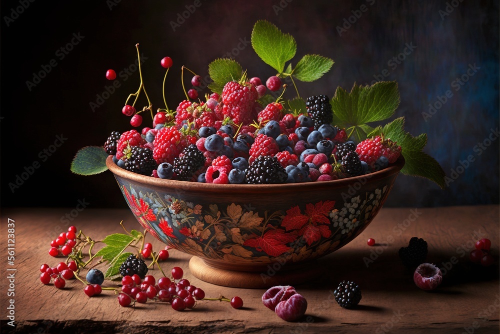 a bowl of berries and berries on a table with leaves and berries on the table next to it, and a few berries on the table, and a few berries on the table,. a bowl of berries and berries on a table with leaves and berries on the table next to it, and a few berries on the table, and a few berries on the table,.