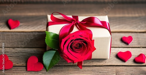 Red rose gift and hearts on wooden table, Valentine's Day
