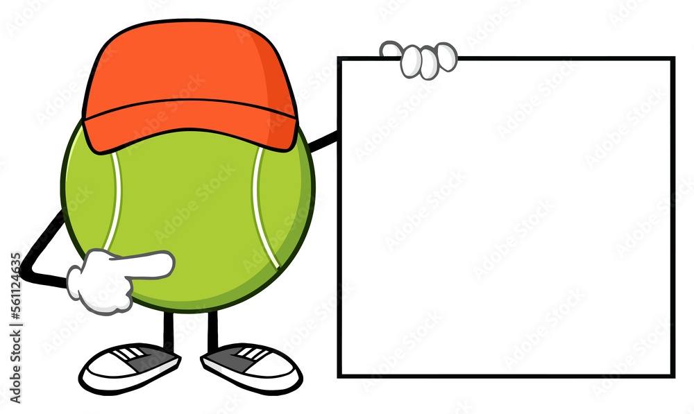 Tennis Ball Faceless Cartoon Mascot Character Pointing To A Blank Sign Banner. Hand Drawn Illustration Isolated On Transparent Background Tennis Ball Faceless Cartoon Mascot Character Pointing To A Blank Sign Banner. Hand Drawn Illustration Isolated On Transparent Background