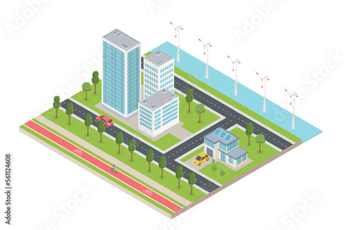 Eco isometric city with office buildings and renewable solar wind power station. Cars drive, people ride bicycles. Vector image concept.