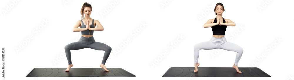Yoga exercises are performed by a female trainer on a mat on a transparent background.
