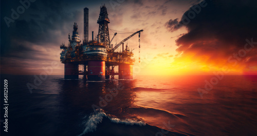 Leinwand Poster Offshore petroleum platform oil rig and gas at sea water sunset light
