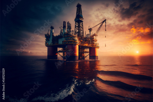 Offshore petroleum platform oil rig and gas at sea water sunset light. Generation AI