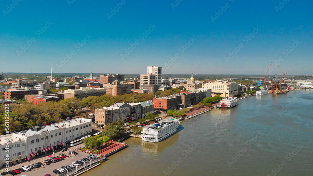 Fototapeta premium Aerial view of Savannah skyline and river from drone - Georgia - USA