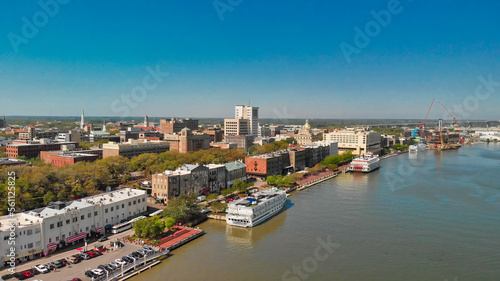 Aerial view of Savannah skyline and river from drone - Georgia - USA