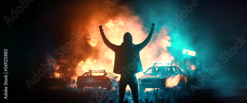 Fototapeta Naklejka Na Ścianę i Meble -  Concept banner riot or protest fans, emigrants. Back view of Man protesters in mask and hood, holding and raising their fists. Generation AI