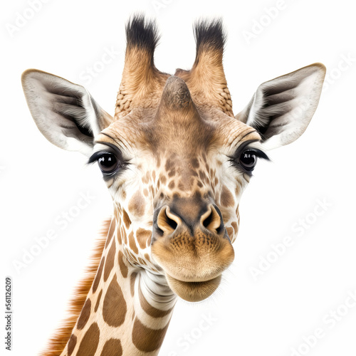Generative AI Illustration of a giraffe head looking to the camera isolated on white background. Animal close-up portrait digital art..