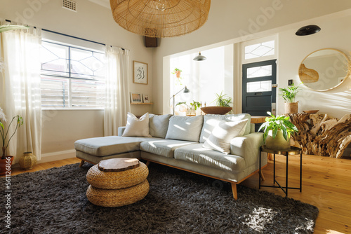 Rattan pendant light hanging over sofa, ottoman stool, houseplants and carpet in clean living room photo