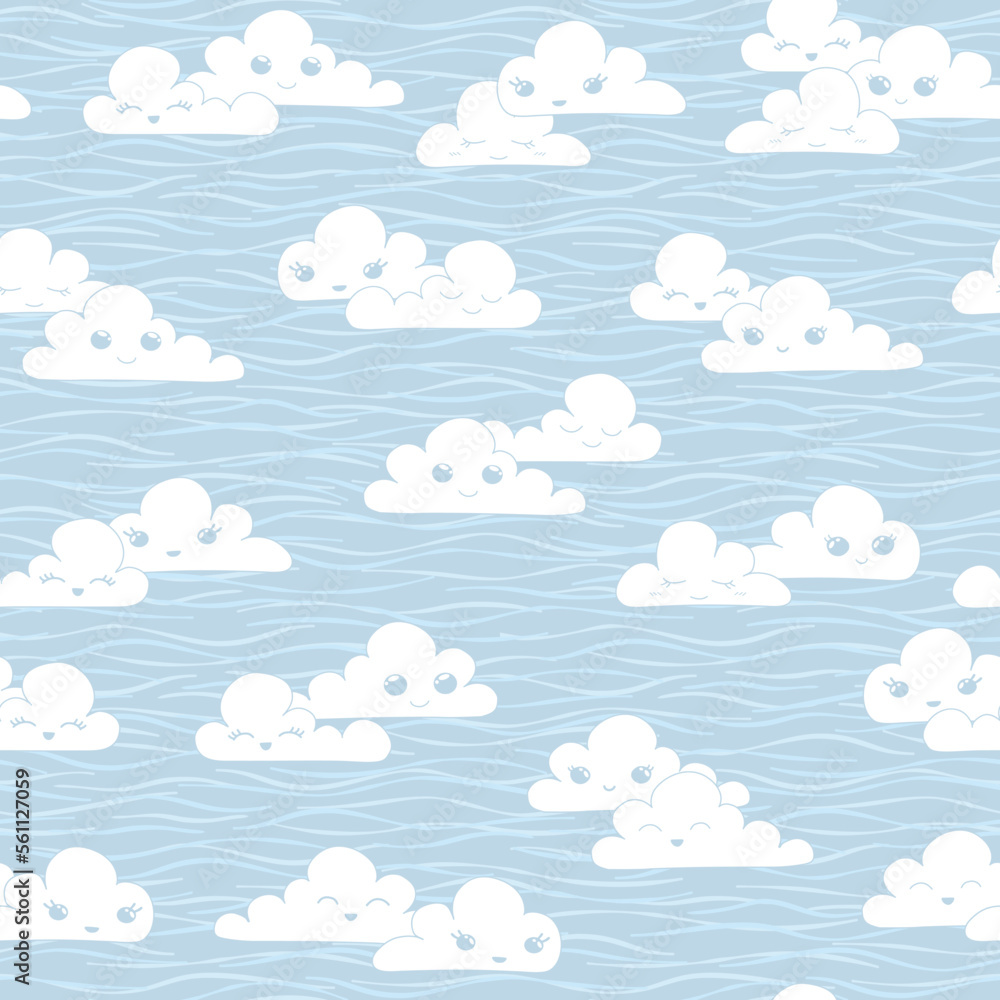 Cute kawaii clouds seamless vector pattern