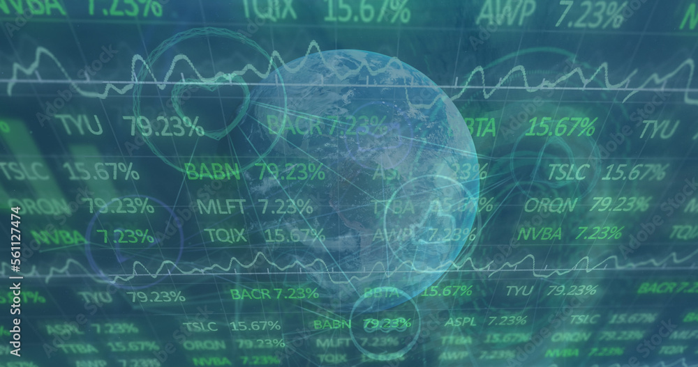 Image of stock market over network of connections and globe on green background cityscape