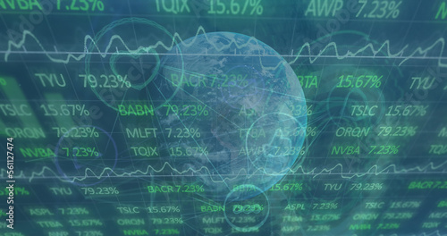 Image of stock market over network of connections and globe on green background cityscape