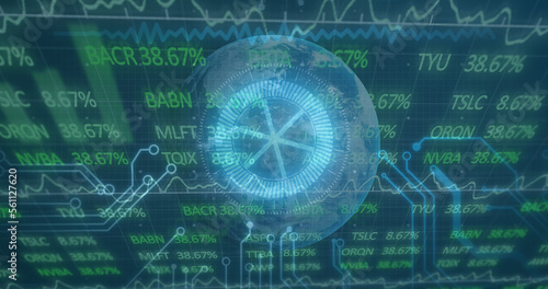 Image of stock market over data processing and globe on green background cityscape
