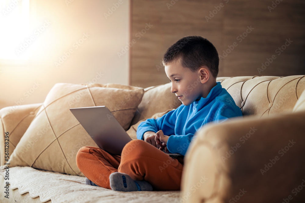 Little boy looking at laptop at home Little boy looking at laptop at home