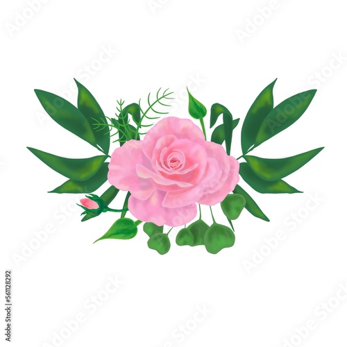 bouquet of roses. a small bouquet of green leaves and a rosebud