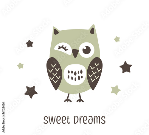 vector design with cute cartoon owl, stars and sweet dreams text on white background