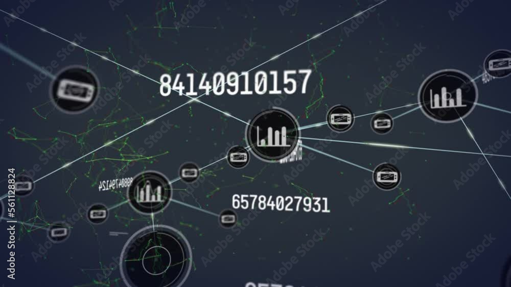 Animation of connected icons over changing numbers against dots connected with lines Animation of connected icons over changing numbers against dots connected with lines
