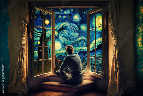 Homme contemplant la nuit étoilée de Vincent Van Gogh - Image générée par AI photo