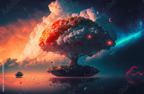 Dramatic cloudscape environment with a tree isolated on an island - generative ai