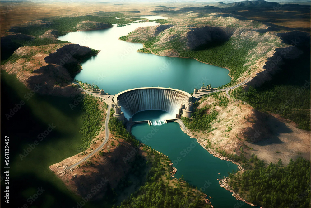 aerial view of a large dam, with a reservoir of water and surrounding greenery, generative ai