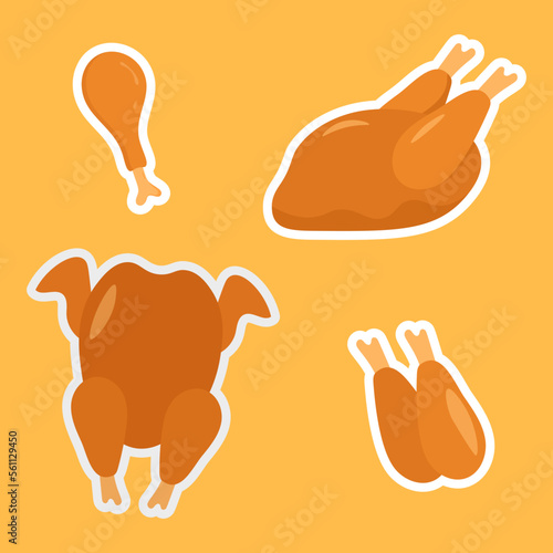 Turkey or chicken icon. Food ingredients.A set of pieces of fresh domestic poultry meat. A template for packaging meat products, stickers, or a flyer.Thanksgiving Day.