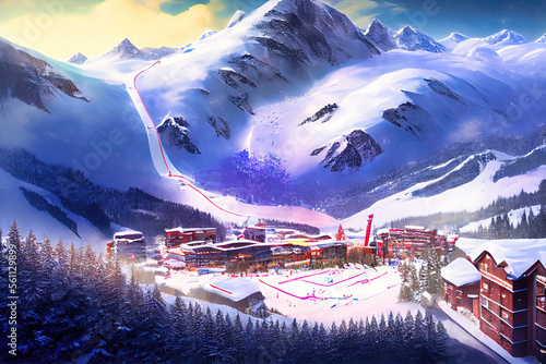Snowy Ski Resort - This snow-covered mountain scene has a ski village at the bottom and is an idyllic winter setting. Generative AI environmental landscape with natural photorealistic look