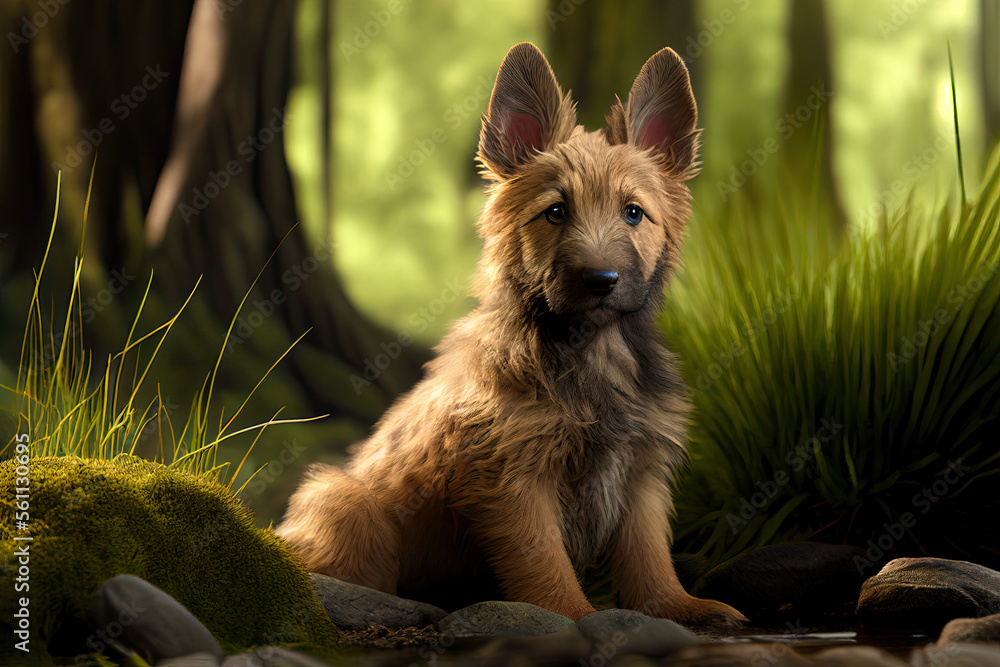 Naklejka premium Berger Picard puppy sitting in the grass, cute dogs, Generative AI