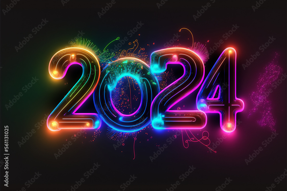 Colorful New Year background bokeh light and the letters 2024, wallpaper, ai generated images, Generative AI
