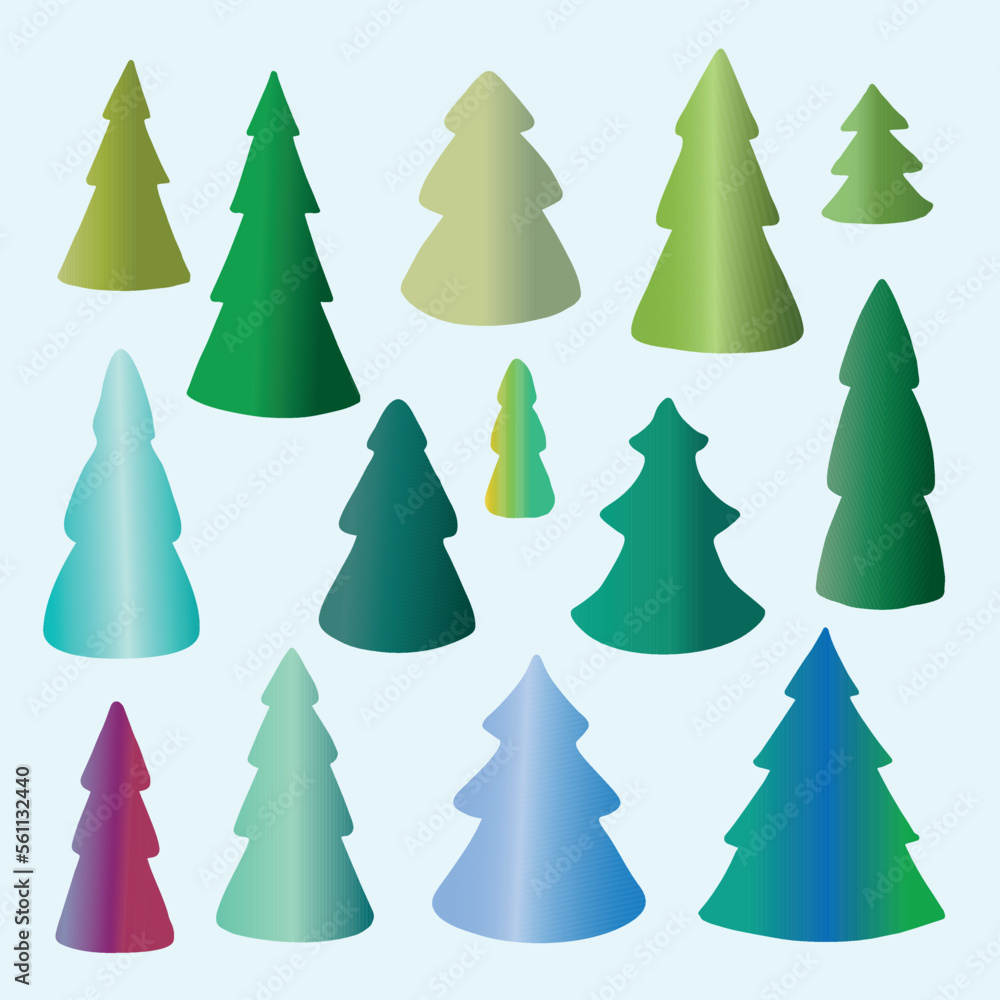 Collection of Christmas trees in green and blue colors. Set of different forms of Christmas tree. Hand drown vector illustration for greeting cards, invitations, Christmas decoration Collection of Christmas trees in green and blue colors. Set of different forms of Christmas tree. Hand drown vector illustration for greeting cards, invitations, Christmas decoration
