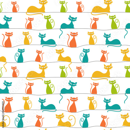 Mid century modern atomic cats seamless pattern.Teal, orange, yellow and green funny cats. Abstract vector background.