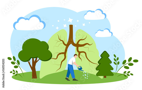 Plants are the lungs of the planet. Trees and plants produce oxygen. A man waters plants.