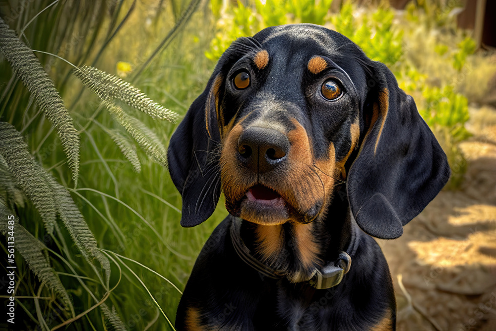 Black and Tan Coonhound puppy playing in the garden, cute dogs, Generative AI