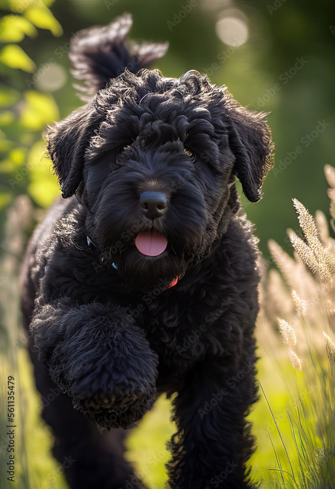 Black Russian Terrier puppy playing in the garden, cute dogs, Generative AI