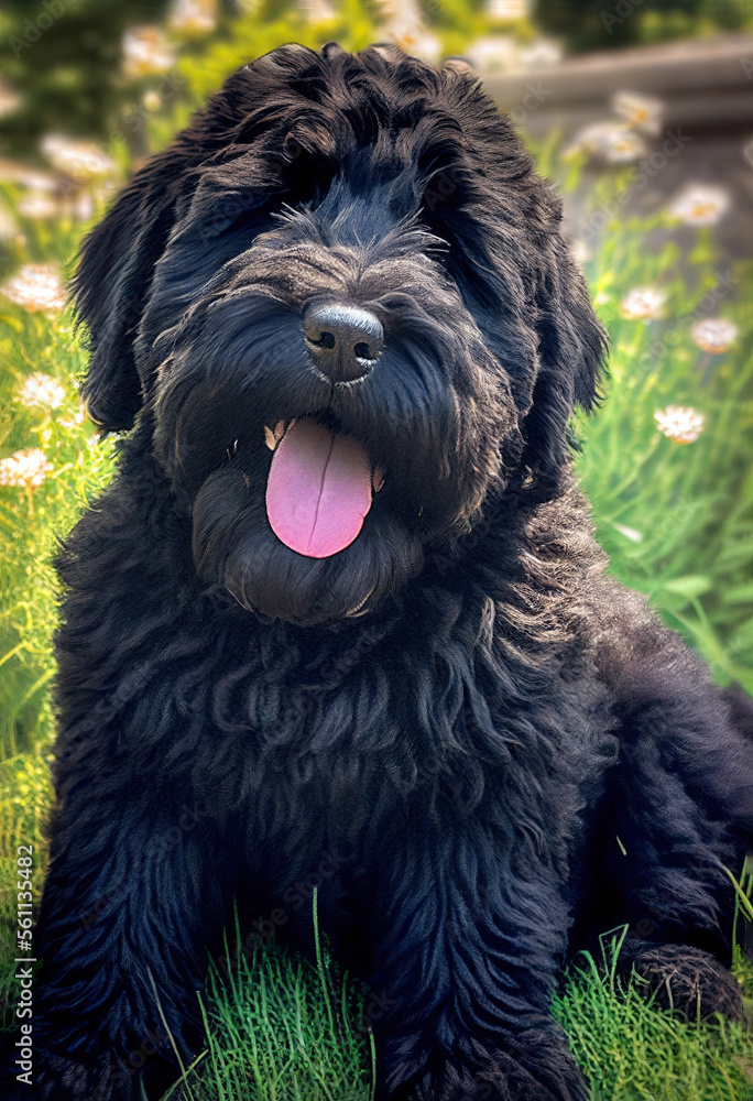Black Russian Terrier puppy playing in the garden, cute dogs, Generative AI