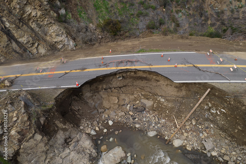 Broken Highway road damaged Destroyed Flooded River, Ojai, California, Ventura River disaster Rain Storm Aerial
