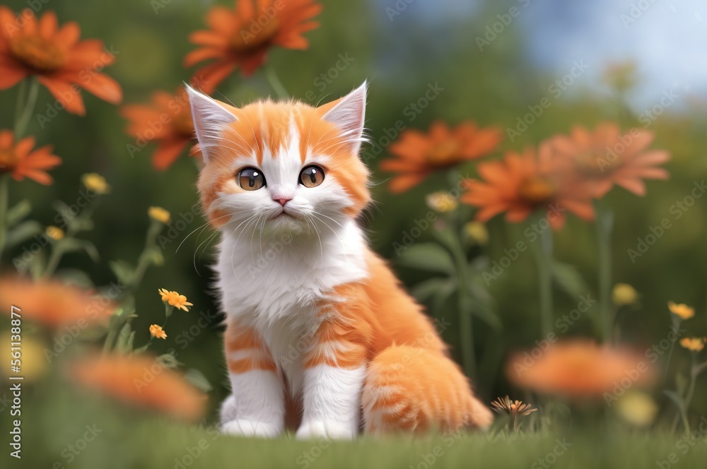 Small cute kitten standing in a meadow, Generative AI