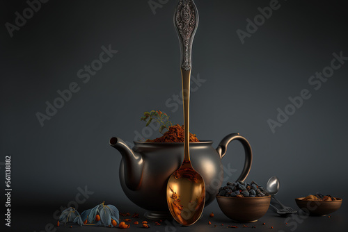 Old spoon and tea composition with a dark background. Generative AI