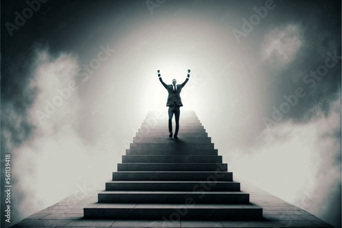 Triumphant businessman standing on top of stairs