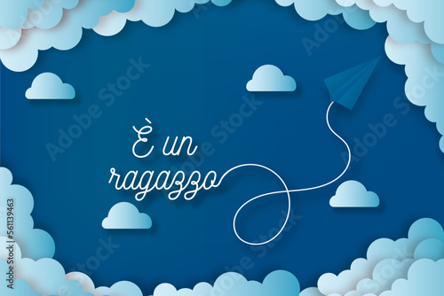 biglietto o striscione per annunciare la nascita è un maschietto vestito di bianco con tutt'intorno nuvole di colore blu in sfumatura su sfondo blu panthone 2020